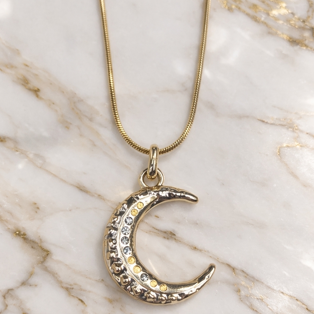 Crescent Moon Necklace Rhinestone Accents 18K Plated Gold Snake Chain